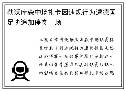 勒沃库森中场扎卡因违规行为遭德国足协追加停赛一场