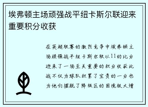 埃弗顿主场顽强战平纽卡斯尔联迎来重要积分收获 埃弗顿主场顽强战平纽卡斯尔联迎来重要积分收获